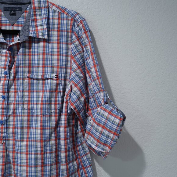 Tommy Hilfiger Womens Plaid 1/2 Button Up Long Sleeve Roll Up 3/4 Sleeve Blouse - Picture 3 of 17